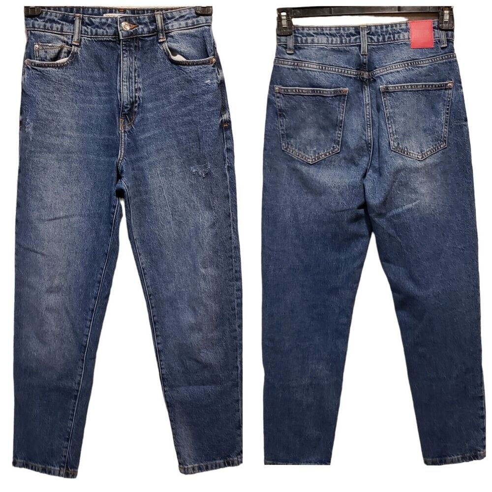 Zara Women 4 High Rise Mom Jean Medium Blue Wash Ankle Slim Denim